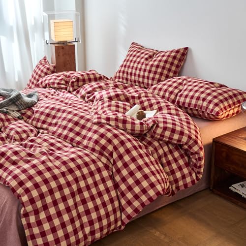 Image of EAVD Vintage Style Red Gingham Duvet Cover King Soft 100% Washed Cotton 3-Piece Reversible Plaid Checkered Bedding Set with 2 Pillowcases Farmhouse Buffalo Plaid Duvet Cover with Zipper Closure