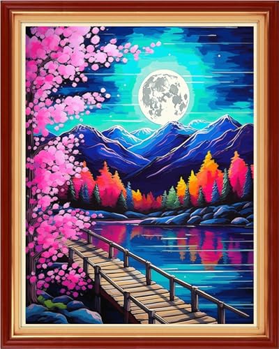 Image of Magxvouy Cross Stitch Kits Stamped Full Range of Embroidery Kits,Cross Stitch Patterns Needlework Kits for Beginners 11CT Printed Kits&Moonlit Peach Blossoms 16x20 inch