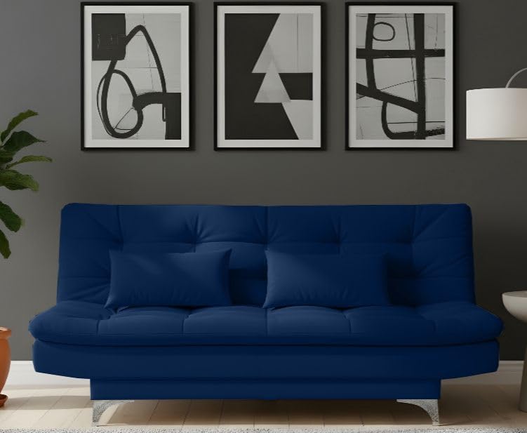 AMATA Eagle Solid Wood 3 Seater Sofa Cum Bed Royal Blue Suede velevt Fabric with Two Cushions Perfect for Home Living Office Room and Guests (Royal Blue 2, Medium)(3 Year Warranty)