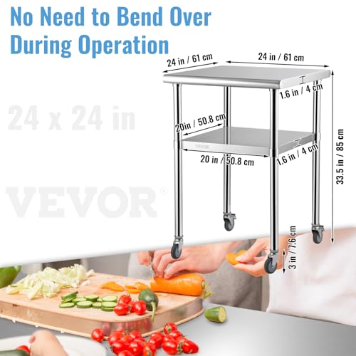 Image of VEVOR Stainless Steel Prep Table, 24 x 24 x 33.5 Inch, 600lbs Load Capacity Heavy Duty Metal Worktable with Adjustable Undershelf & Universal Wheels, Commercial Workstation for Kitchen Garage Backyard