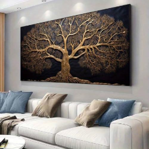 XINBAO Toile Arbre de vie - Décoration murale dorée et noire pour salon et chambre à coucher,...
