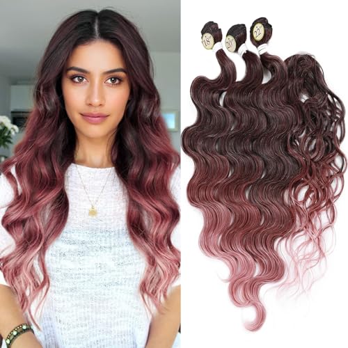 HANNE Synthetic Hair Bundles with Closure Body Wave Hair Extensions 18"20"22" with Lace Closure Heat Resistant Colorful Synthetic Bundles 3T/30