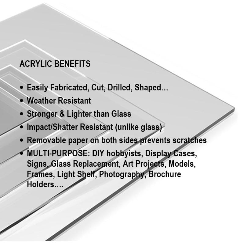 Image of Acrylic Plexiglass Sheets Custom Cut Your Size, Cast Clear Acrylic Sheets 3 /16 Inch (4.5mm) Thick Multipurpose, Easy Cut Clear Plexiglass with Protective Paper for Signs, DIY.