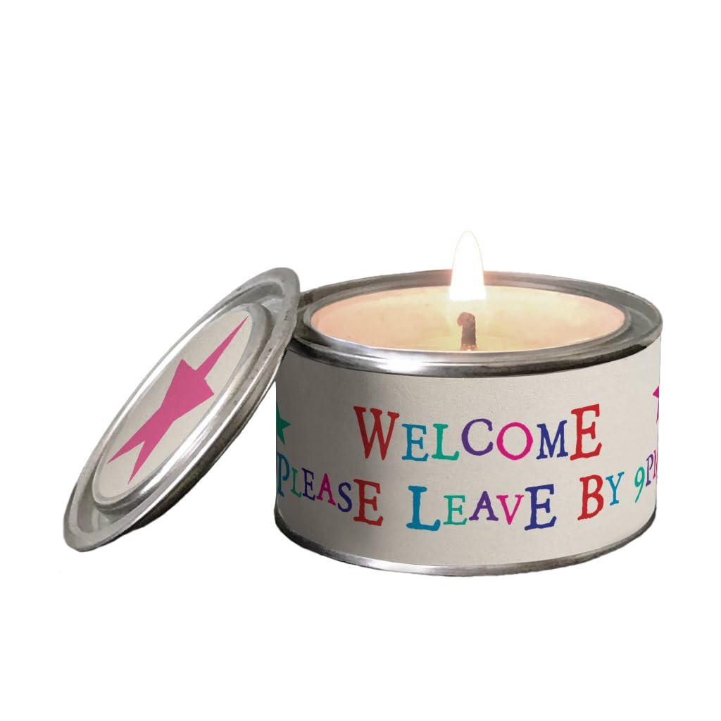 East of India Word Candle in a Tin with a Sentiment Wording Novelty Gift 89ml (Welcome, Please Leave by 9pm)