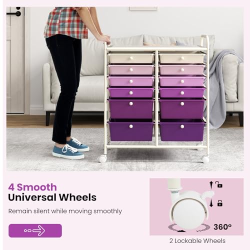 Image of LDAILY 12 Drawer Rolling Storage Cart, Craft Cart Organizer on Wheels with Metal Frame, Large Capacity & Smooth Drawers for Living Room, Classroom, Office (Gradient Purple)