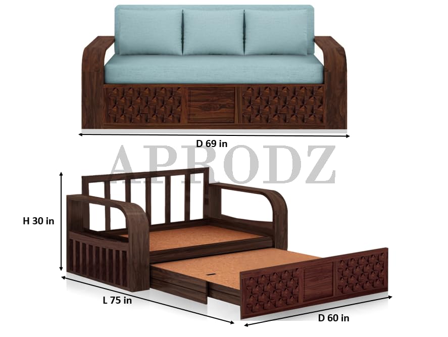 Image of APRODZ Solid Sheesham Wood Sofa Cum Bed 3 Seater Velevt Fabric with Blue Upholstery & Cushion Perfect Sofa Furniture for Home Living Office Room and Guests (Walnut Finish 75x69x30-Inch)