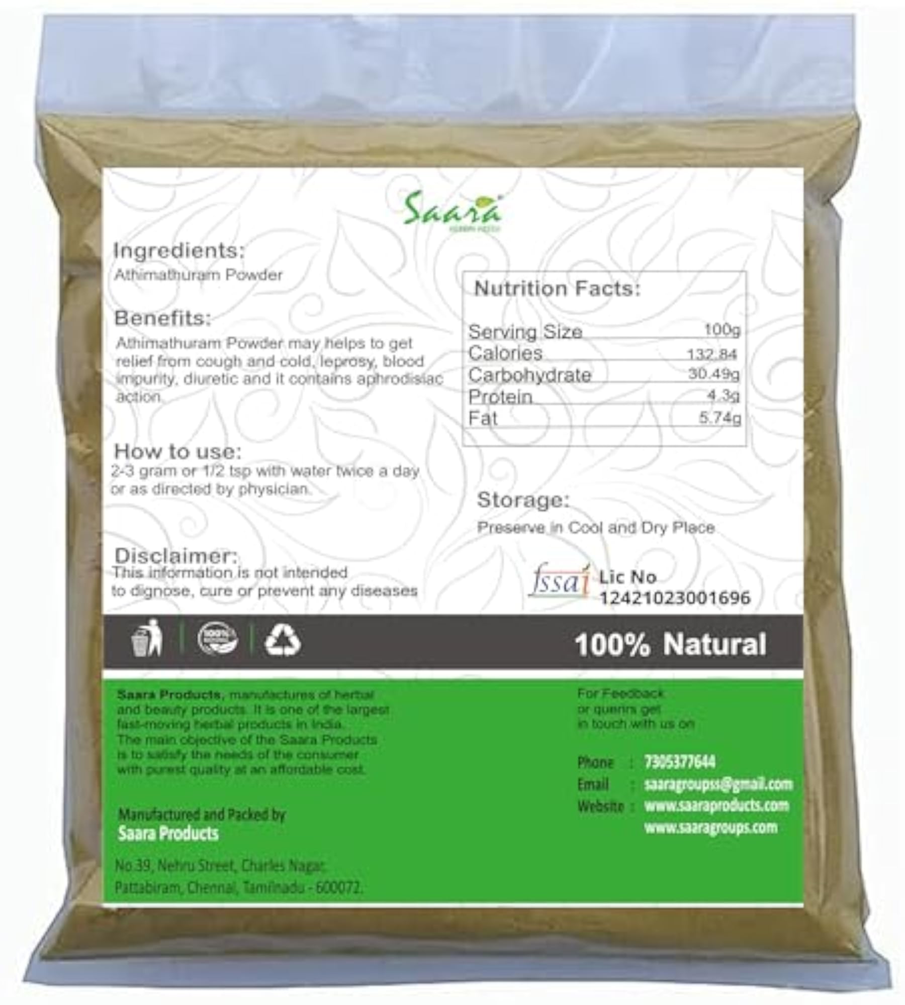 Saara Herbal Fresh Athimathuram Powder, 400g