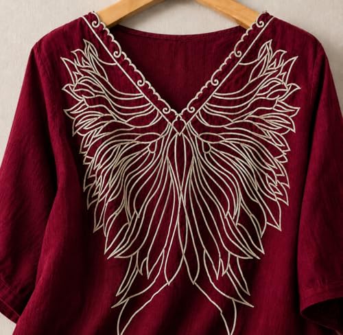 Image of RIEKA Women's Embroidered Top for Women, Maroon V Neck Rayon, 3 /4 Sleeve Casual Loose Fit Tunic, Boho Blouse for Women, Korean Style