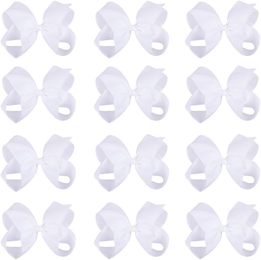 DEEKA 12 PCS 6" Big Hand-made Grosgrain Ribbon Hair Bow Alligator Clips Hair Accessories for Little Teen Toddler Girls - White