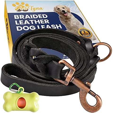 ADITYNA Braided Leather Dog Leash 5.6 ft - Heavy Duty Training Leather Dog Leashes for Small and Medium Dogs (Black, 5.6 ft x 5/8") Cover