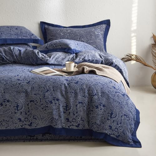 VM VOUGEMARKET Blue Duvet Cover Set King with Paisley Prints,Yarn-Dyed Cotton Jacquard Textured Boho Bedding Set,Retro Elegant Duvet Cover with Zipper Ties