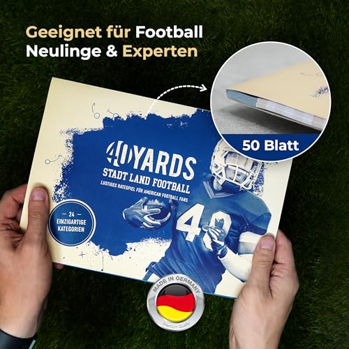 40YARDS Stadt Land Football: Lustiges American Football Quiz (DIN A4 Block; 50 Blatt) Ratespiel für Football Fans - Stadt Land Fluss Football Spiel für die Football Bowl Party oder Geschenk