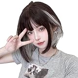 BARSDAR ウィッグ ボブ ショート レディース かつら Bob wig フルウィッグ 耐熱 自然 小颜劾果 原宿 ロリータ 女性用 かつら ぱっつん かわいい ブラックブラウン＆白茶グレー