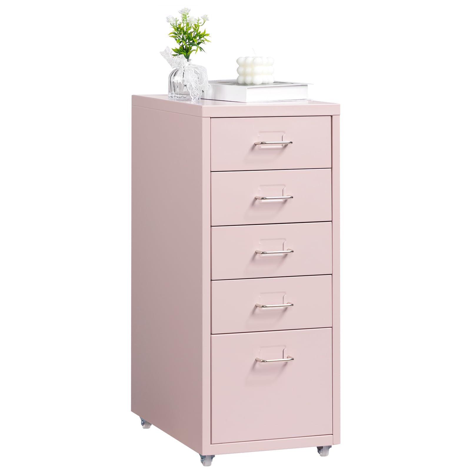 HollyHOME 5 Drawers Mobile Filing Cabinet, Under Desk File Storage Cabinet Made of Metal with Wheels for Home Office, Light Pink