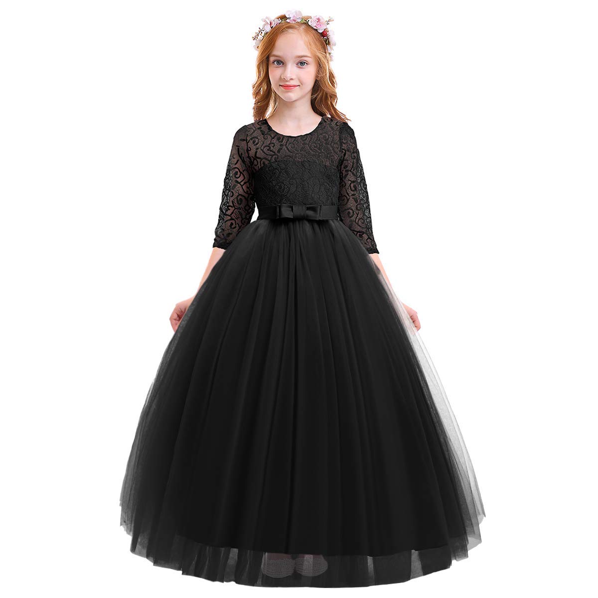 IWEMEK Flower Girls 3/4 Sleeve Floral Lace Tulle First Communion Pageant Dresses Kids Big Girls Princess Birthday Carnival Christmas Bridesmaid Wedding Party Prom Ball Gown 2-14 Years — view 20