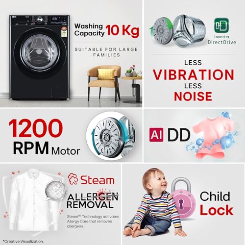 Image of LG 10 Kg, 5 Star, AI DD Technology, Steam Wash, Wi-Fi, 6 Motion DD, Fully-Automatic Front Load Washing Machine (FHP1210Z3O, Allergy Care, In-Built Heater, Touch Panel, 2026 Model, Onyx Black)