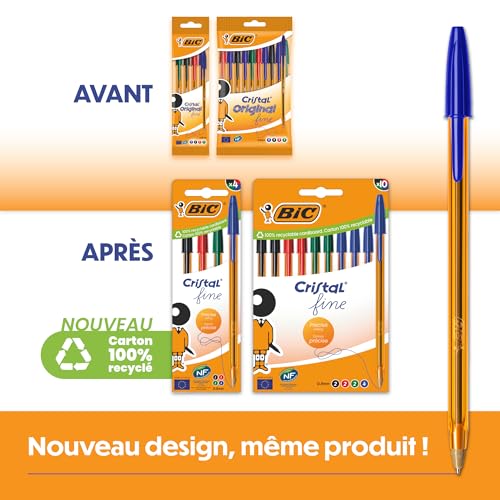 BIC Cristal Original Stylos-Bille Pointe Fine (0,8 mm) avec Corps Orange Translucide - Écriture Fine et Précise - Couleurs d’Encre Assorties, Boîte carton de 10 – vue 6
