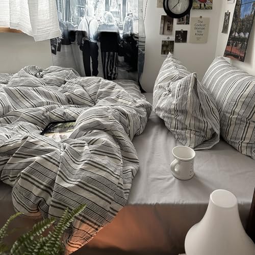 Image of mixinni Washed Cotton Duvet Cover Twin Set - 3 Piece Gray & White Striped Bedding with Pillowcases | Vintage Industrial Style | 100% Cotton Soft Breathable-Twin Size