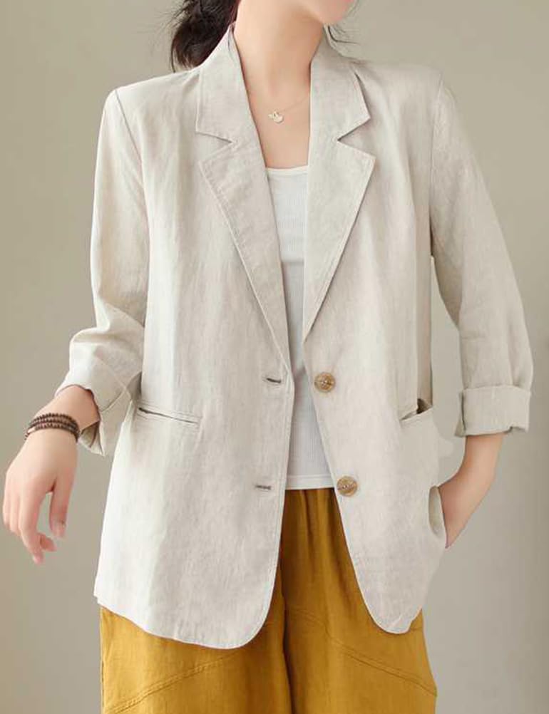 IDEALSANXUN Blazer da donna in cotone e lino, a maniche lunghe, leggero, da lavoro, casual, per la primavera e l'estate