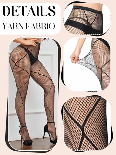 Image of Women's Fishnet Pantyhose Tights, Black, 3 Pack, Geometric Pattern, Floral Lace, Diagonal Stripe Design