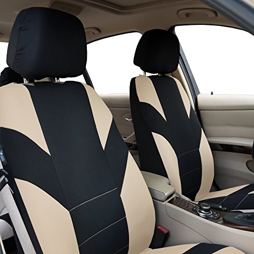 Fh Group Fh-Fb072115 Flat Cloth Auto Seat Covers, Split Bench Ready, W. Leather Steering Wheel Cover Beige- Fit Most Car, Truck, Suv, Or Van #TOP2