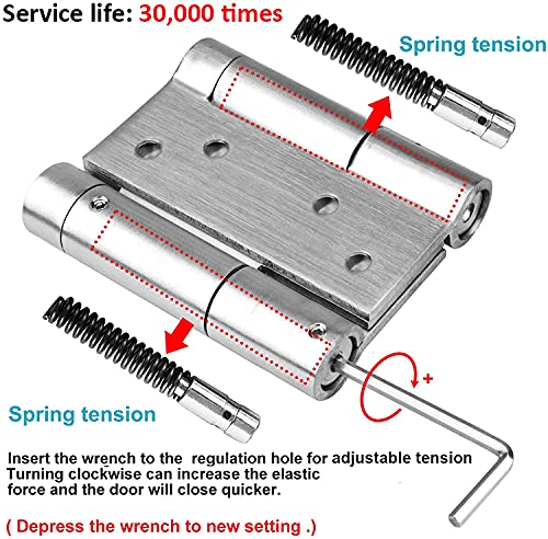 Ranbo 304 Stainless Steel Ball Bearing Heavy Duty Double Action Spring Loaded Door Swing Hinge,Automatic Closing/Self Closer/Adjustable Tension Brushed Chrome(1 Pair) Thickness 3 Mm (4 Inch) #TOP4