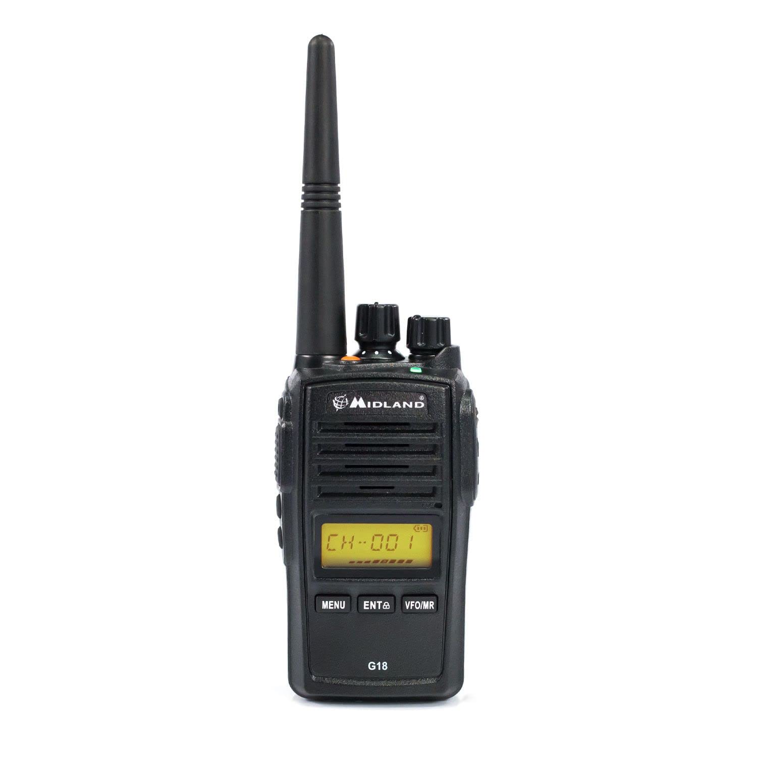 Midland G18 Pro, Two-Way-Funkgerät Walkie Talkie, 99 PMR446-Kanäle, Militärstandard Walkie Talkie, IP67-zertifiziert, Li-Ionen-Akku, Tischladegerät, Gürtelclip, schwarz