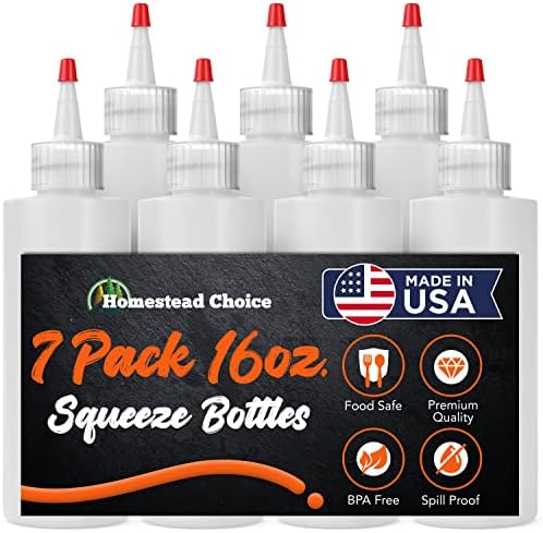 7 pack Plastic Squeeze Bottles for Sauces - 16 OZ Condiment Squeeze Bottles for Liquids - Made in USA - BPA Free Squirt Bottles with Cap - Ketchup, Syrup, Oil, Dressings, Honey & Arts and Crafts