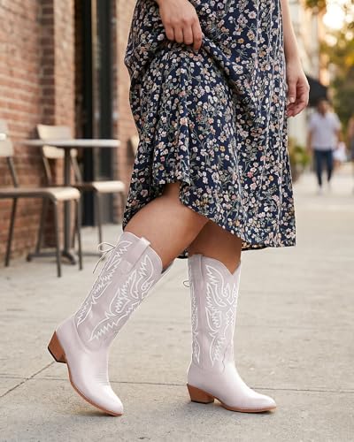Image of Uillnoodu Wide Calf Cowboy Boots Women Adjustable Lace Up Knee High Tall Plus Size Cowgirl Boots Western Style Comfortable 2-Inch Heel