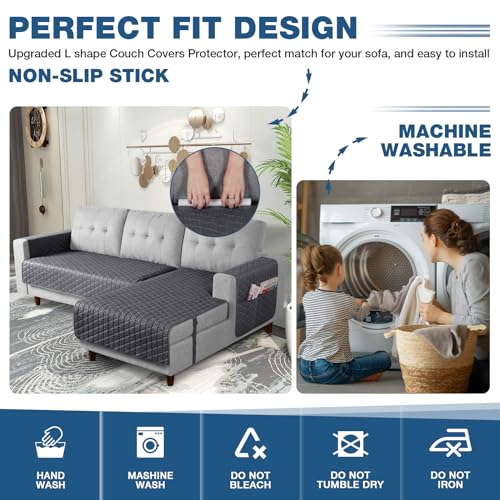Image of TAOCOCO Sectional Couch Covers 100% Waterproof L Shaped Sofa Covers for Right Hand Facing Chaise Lounge, 2 Pieces Couch Cover L Shape Furniture Protector Slipcover for Pets Kids, Small /Charcoal Gray