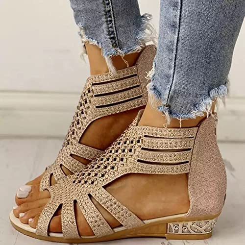 Sandals for Women 2025 Comfortable Rhinestones Sparkly Open Toe Shoes Low Heel Wedge Non-Slip Shoes Zipper Back Gladiator Sandals3