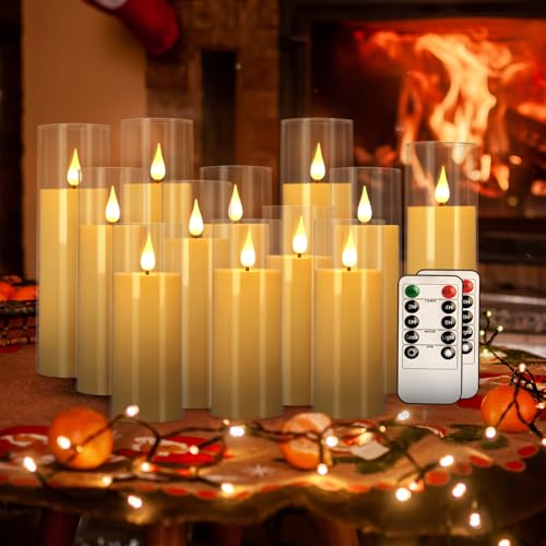 Image of fclayvts 12 Packs of Acrylic LED Candles, Flickering Flameless Candles Battery Operated with Remote Dimmed and Timed, 3D Wick Candles for Home Decor,Wedding,Gift，Parties and Festivals. (3 Size Ivory)