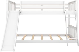 Bellemave Full Over Full Low Bunk Bed with Slide and Ladder, Low Bunk Bed for Kids, Girls, Boys, Floor bunk Bed, White