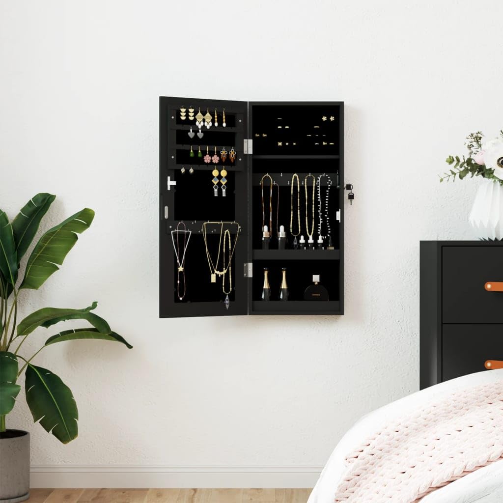 vidaXL Espejo con joyero de Pared Negro 30x8,5x67 cm, Armario de joyería, Espejo joyero, joyero con Espejo, Espejo de almacenaje, Espejo con joyero