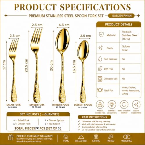 Image of Classic Gold 20 Pcs Stainless Steel Cutlery Set for Dining Table, Dishwasher Safe Glossy Flatware (Perfect Spoon Fork Set)