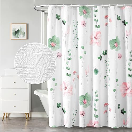 Image of QiyI Watercolor Floral Shower Curtain, 3D Embossed Butterflies Sage Green Botanical Bathroom Curtain, Pink Flowers Cloth Bath Curtain, Waterproof Fabric Textured Shower Curtain Set with Hooks, 72x72