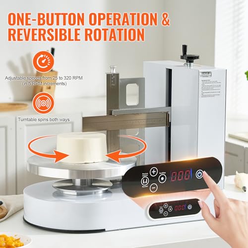 Image of VEVOR Cake Decorating Machine, Cake Cream Spreading Coating Smearing Machine, Low Noise Cake Frosting Machine, Turntable with Adjustable Scraper, for 6 inch to 14 inch Cake, 25-320RPM Rotating Speed, White