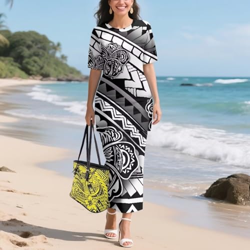 Image of Puletasi Samoan Traditional 2 Piece Outfits for Women Short Sleeve Crop Top and Maxi Skirt Sets Puletasi Dress