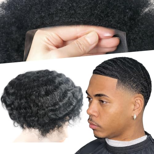 lumeng Hair Unit for Black Men 15MM Afro Toupee Human Hair PU Skin Curly Mens Hair Replacement Systems 8x10inch 360 Wave Mens Hairpiece for African American 1# Jet Black