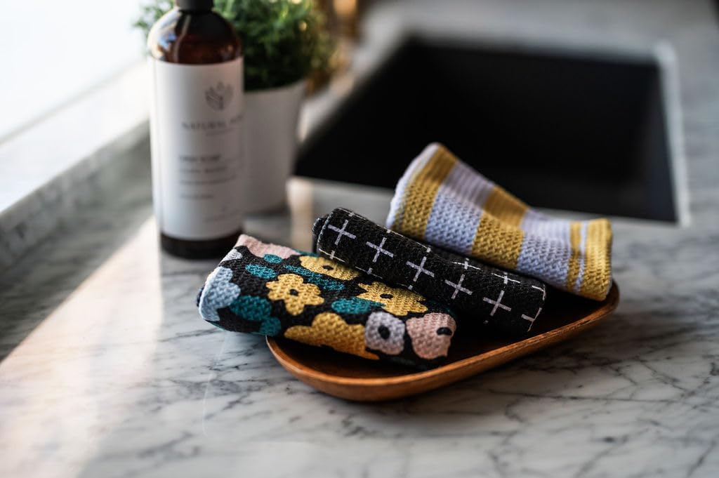 || 3 Pack|| Double Sided || Not Your Ordinary Dish Towels || Waffle Weave Microfiber || Highly Absorbent || Hanging Loop || Dish Cloths || Modern || Designer Prints|| Black and Yellow - Image 7