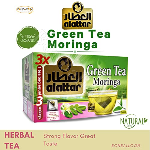 Alattar Green Tea Moringa (20 Tea Bags) Dried Premium Egyptian Herbal Herb Herbs Natural Oriental Arabic Strong Flavor Caffeine Free Non Gmo Halal Kosher العطار أعشاب شاى أخضر مورينجا #TOP1