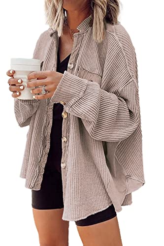 Yanekop Shackets for Women 2025 Waffle Knit Tops Long Sleeve Button Down Shirt Fall Jackets Outfits Corduroy Jacket2