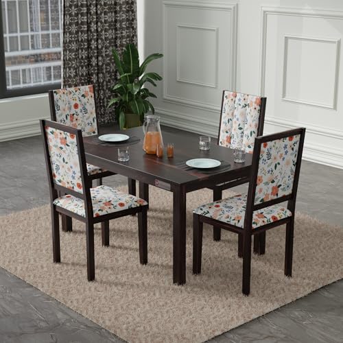 Image of DRIFTINGWOOD Tiya Solidwood Dining Table 4 Seater with Floral Design Cushions | Four Seater Dinning Table with 4 Chairs for Home | Rosewood, Walnut Finish, Self Assembly(DIY)