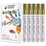 TFIVE Gold Paint Marker Paint Pens - 5 Pack Oil Based Permanent Marker Pen, Medium Tip, Waterproof &