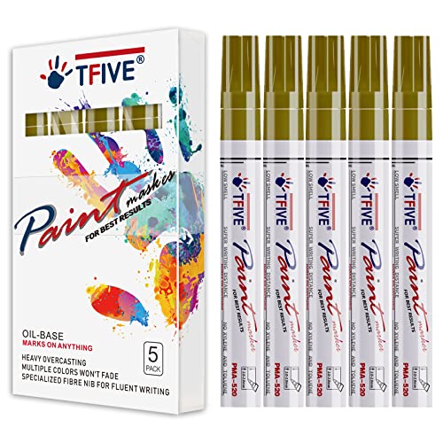 Tfive Gold Paint Marker Paint Pens - 5 Pack Oil Based Permanent Marker Pen, Medium Tip, Waterproof & Quick Dry, For Office, Art Projects, Rock Painting, Ceramic, Glass, Wood, Plastic, Metal, Canvas #TOP5