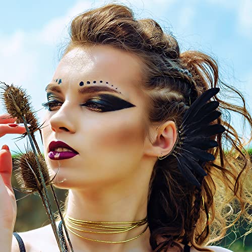 FRESHME Black Faux Feather Ear Cuffs - Indian Ethnic Plume Ear Clips Viking Tribal Earrings Bronze Wire Wrapped Fairy Elf Ear Cuffs Wraps Fantasy Jewelry for Unisex Cosplay Costume Dress Accessories2