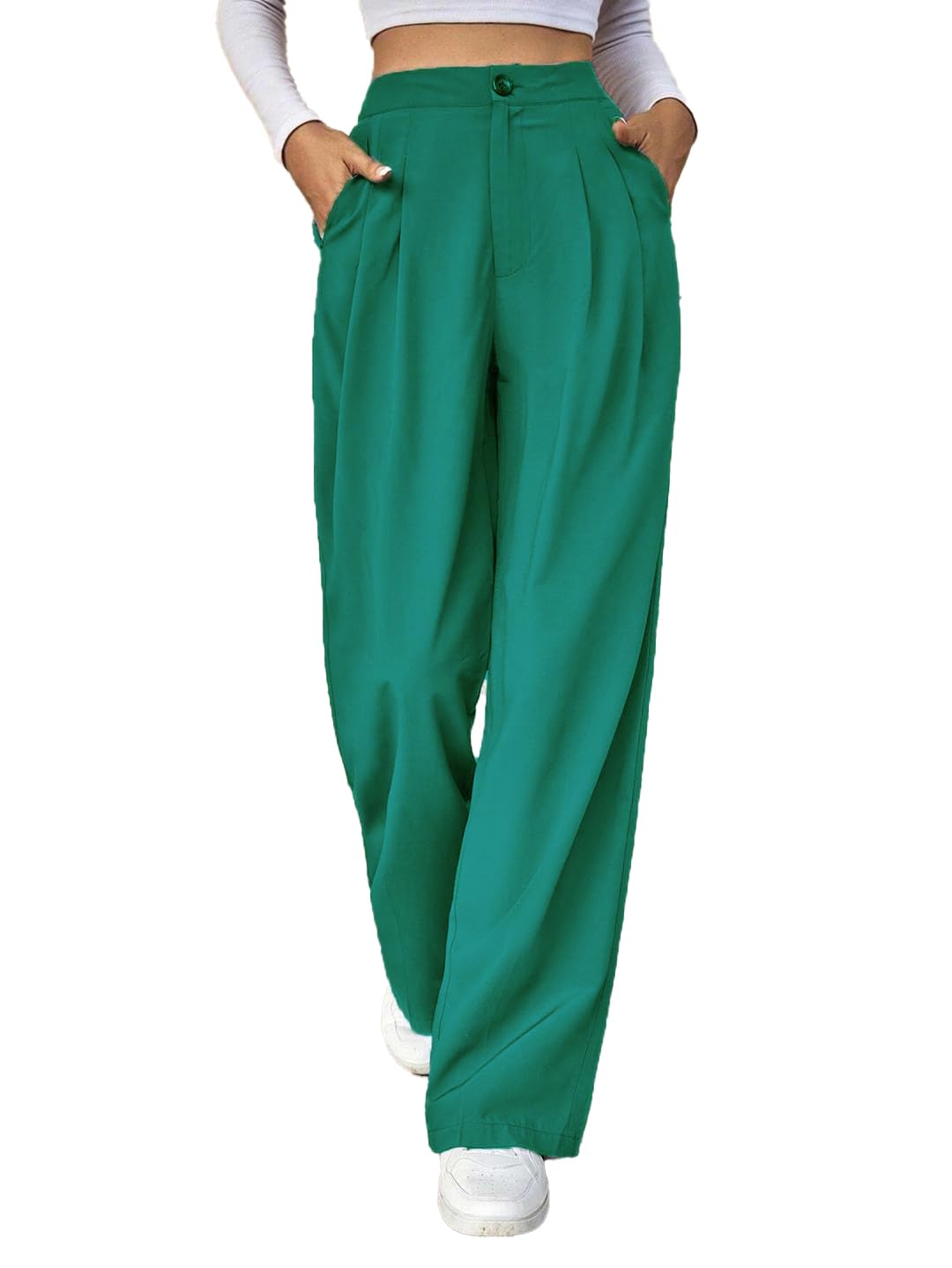 kotty Womens High Rise Cotton Blend Straight Fit Cross Pocket Solid Trousers-picture-26