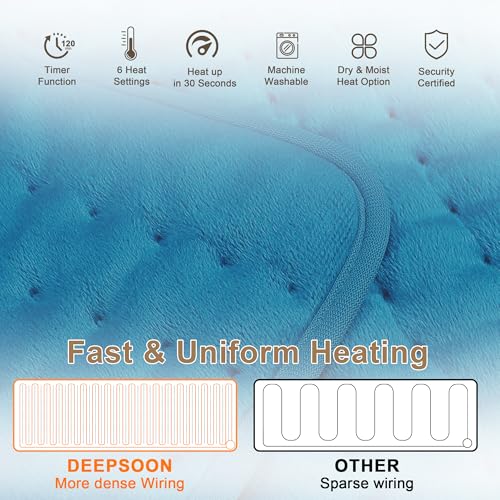 Image of Deepsoon Heating Pad,Electric Heating Pads for Back,Neck,Moist Heating Pad for Abdomen Shoulder Knee Legs,Dry /Moist Heat&Auto Shut Off,Mother's Day Birthday for Men and Women,Blue,24x20 Inch