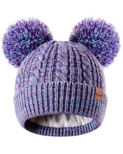 Winter Hat for Kids Toddler Children, Girls Beanie with Double Pom Pom Warm Thick Thermal Fleece Lined, Girls Accessories Cute Knit Beanies Cap for Cold Weather(Multicolor-1)