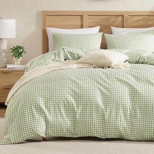 Image of Andency Gingham Duvet Cover Queen Size, Sage Green Checkered Plaid Bedding Set, 3 Pieces Soft Prewashed Polyester Comforter Cover with Zipper Closure & Corner Ties